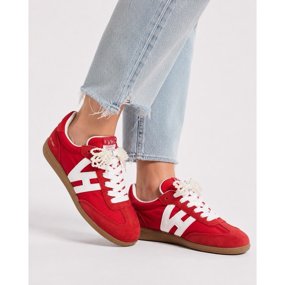 NWT Vintage Havana Nadia 5 Red Sneakers Pearl Bow Clips Women's Size 7